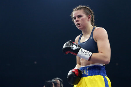 Sofia, Bulgaria - 27 October 2018: Boxing match between Savannah Marshall (pictured) and Yanina Orozco for Woman's WBA intercontinental super middleweight championship.のeditorial素材