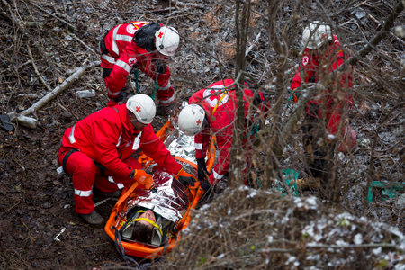 Sofia, Bulgaria - 5 December 2017: Paramedics from mountain rescue service provide first aid during a training for saving a person in accident in the forest.のeditorial素材