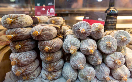 Dried salami sausages. Traditional Bulgarian dried flat salami.の写真素材