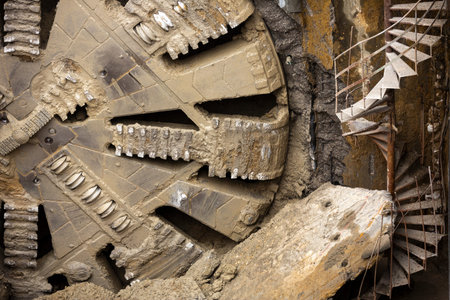 Tunnel Boring Machine front head element is seen on a subway station under construction.