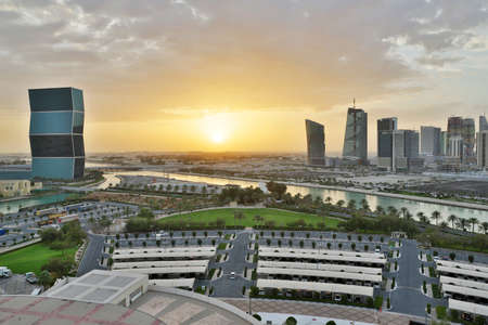 Aerial view of buildings and streets of Doha, Qatar during sunset. HDR imageの写真素材