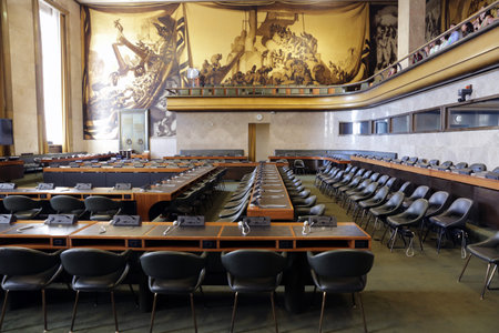 Geneva, Switzerland - 24 June, 2019: The old Council Chamber in The Palace of Nations is seen inside of The United Nations Office at Geneva (UNOG).のeditorial素材