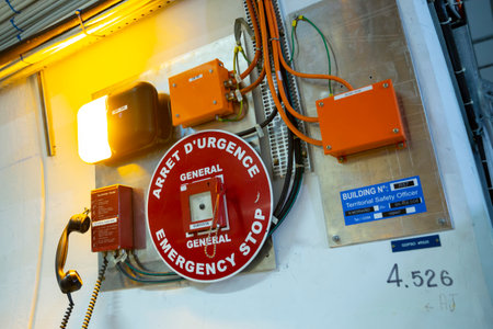 CERN, France - 25 June, 2019: A part of The Large Hadron Collider (LHC) is seen underground inthe French part of CERN. General emergency stop.のeditorial素材