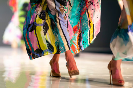 Female models walk the runway in beautiful colorful summer dresses during a Fashion Show. Fashion catwalk event showing new collection of clothes. Unrecognizable people. Legs and shoes only.のeditorial素材
