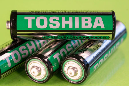 Sofia, Bulgaria - 11 August 2019: Multiple used Toshiba AA alkaline batteries are seen arranged in a pile.のeditorial素材