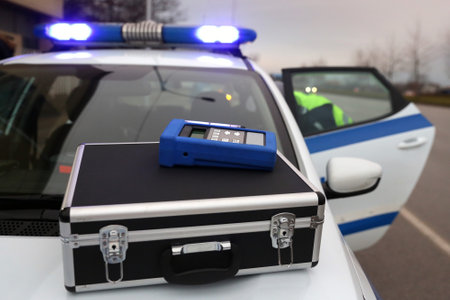 Mobile Emission gas analyzer. Measure vehicle exhaust gases. ?Police warning lights are seen on a police vehicle on the road.のeditorial素材