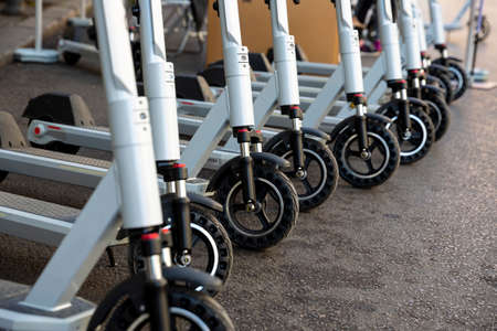Electric scooters are seen arranged on a city street.の写真素材