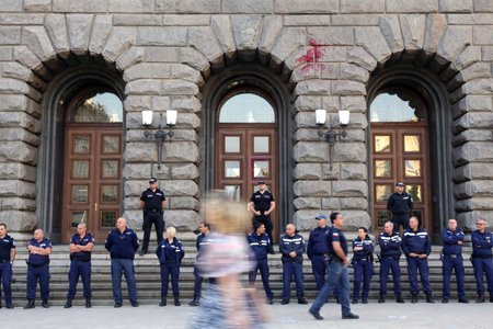 Sofia, Bulgaria - 2 September, 2020: Policemen and policewomen guard the parliament building during an anti-government protest.のeditorial素材