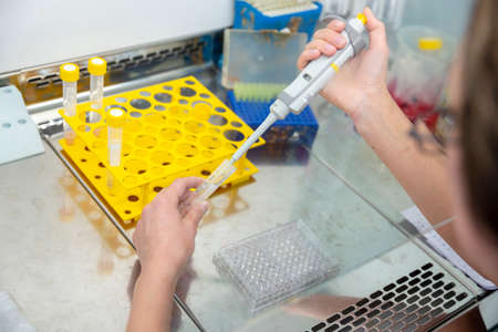 COVID-19 testing equipment and procedure in a testing laboratory.の写真素材
