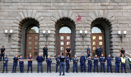 Sofia, Bulgaria - 2 September, 2020: Policemen and policewomen guard the parliament building during an anti-government protest.のeditorial素材