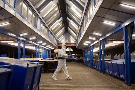 Sofia, Bulgaria - 7 April, 2020: Worker sprays disinfectant outside of ? food market against the spread of coronavirus disease COVID-19.のeditorial素材