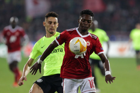 Sofia, Bulgaria - 22 October, 2020: Bradley Mazikou (R) of PFC CSKA-Sofia in action during the UEFA Europa League group A football match between CSKA Sofia and CFR Cluj.のeditorial素材