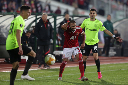 Sofia, Bulgaria - 22 October, 2020: Georgi Yomov (C) of PFC CSKA-Sofia in action against  Mateo Susic (R) of CFR 1907 Cluj during the UEFA Europa League group A football match between CSKA Sofia and CFR Cluj.のeditorial素材