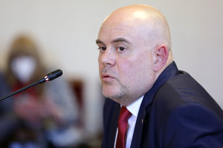 Sofia, Bulgaria - 14 October, 2020: Chief prosecutor Ivan Geshev talks during his hearing in the Parliament's law commission.のeditorial素材