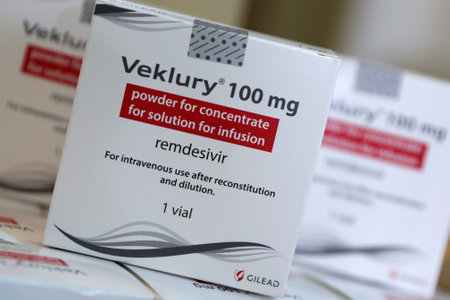 Sofia, Bulgaria - 29 October, 2020: Veklury remdesivir medication packs for the treatment of COVID-19 are seen in boxes before sent to hospitals in Bulgaria.のeditorial素材