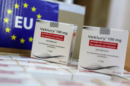 Sofia, Bulgaria - 29 October, 2020: Veklury remdesivir medication packs for the treatment of COVID-19 are seen in boxes before sent to hospitals in Bulgaria.のeditorial素材