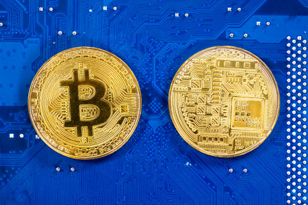 Virtual cryptocurrency money Bitcoin golden coins on a computer printed circuit board PCB. The future of money. Computational equipment. Blue mother board. Shot directly from above.の写真素材