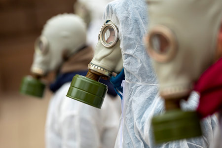 Environmentalists protest against Bulgaria's minks fur farms wearing gas masks.の写真素材