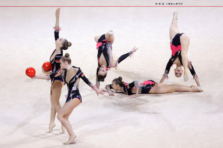 Sofia, Bulgaria - 26 March, 2021: Team Belarus perform during the 5 Balls group qualifications at the 2021 Rhythmic Gymnastics "Sofia World Cup".のeditorial素材