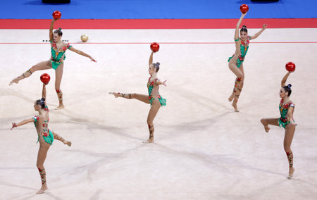 Sofia, Bulgaria - 26 March, 2021: Team Russia perform during the 5 Balls group qualifications at the 2021 Rhythmic Gymnastics "Sofia World Cup".のeditorial素材