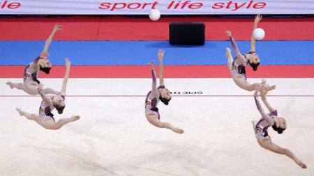 Sofia, Bulgaria - 26 March, 2021: Team Spain perform during the 5 Balls group qualifications at the 2021 Rhythmic Gymnastics "Sofia World Cup".のeditorial素材