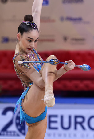 Sofia, Bulgaria - 27 March, 2021: Alina Adilkhanova of Kazakhstan performs during the individual Clubs qualifications at the 2021 Rhythmic Gymnastics "Sofia World Cup".のeditorial素材