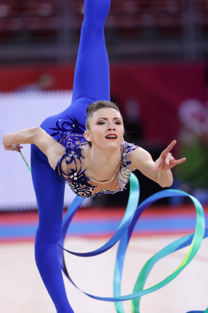 Sofia, Bulgaria - 27 March, 2021: Andreea Verdes of Romania performs during the individual Ribbon final at the 2021 Rhythmic Gymnastics "Sofia World Cup".のeditorial素材