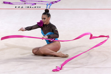 Sofia, Bulgaria - 27 March, 2021: Katrin Taseva of Bulgaria performs during the individual Ribbon qualifications at the 2021 Rhythmic Gymnastics "Sofia World Cup".のeditorial素材