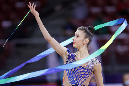 Sofia, Bulgaria - 27 March, 2021: Andreea Verdes of Romania performs during the individual Ribbon final at the 2021 Rhythmic Gymnastics "Sofia World Cup".のeditorial素材