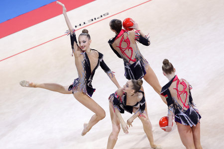 Sofia, Bulgaria - 26 March, 2021: Team Belarus perform during the 5 Balls group qualifications at the 2021 Rhythmic Gymnastics "Sofia World Cup".のeditorial素材