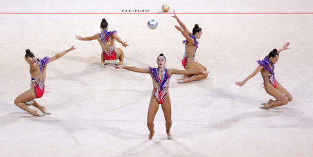 Sofia, Bulgaria - 26 March, 2021: Team Estonia perform during the 5 Balls group qualifications at the 2021 Rhythmic Gymnastics "Sofia World Cup".のeditorial素材