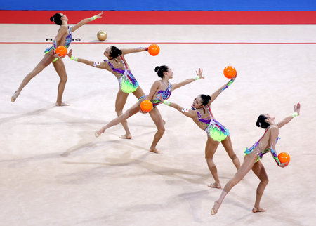 Sofia, Bulgaria - 26 March, 2021: Team Japan perform during the 5 Balls group qualifications at the 2021 Rhythmic Gymnastics "Sofia World Cup".のeditorial素材