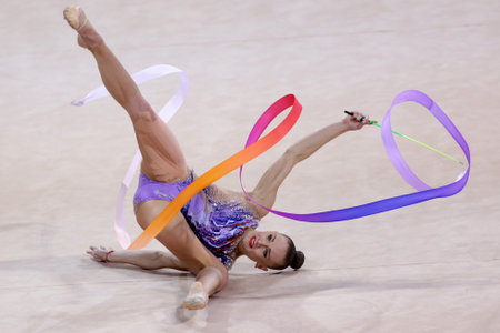 Sofia, Bulgaria - 27 March, 2021:Ekaterina Vedeneeva of Slovenia performs during the individual Ribbon qualifications at the 2021 Rhythmic Gymnastics "Sofia World Cup".のeditorial素材