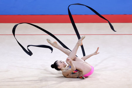 Sofia, Bulgaria - 27 March, 2021: Narmina Samadova of Azerbaijan performs during the individual Ribbon qualifications at the 2021 Rhythmic Gymnastics "Sofia World Cup".のeditorial素材