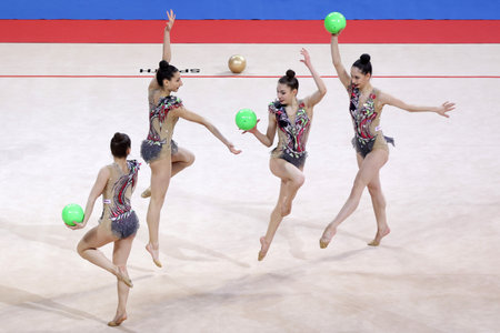 Sofia, Bulgaria - 26 March, 2021: Team Turkey perform during the 5 Balls group qualifications at the 2021 Rhythmic Gymnastics "Sofia World Cup".のeditorial素材