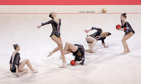 Sofia, Bulgaria - 26 March, 2021:Team Germany perform during the 5 Balls group qualifications at the 2021 Rhythmic Gymnastics "Sofia World Cup".のeditorial素材