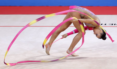 Sofia, Bulgaria - 27 March, 2021:Victoria Siderova of Turkey performs during the individual Ribbon qualifications at the 2021 Rhythmic Gymnastics "Sofia World Cup".のeditorial素材