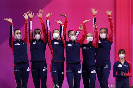 Sofia, Bulgaria - 27 March, 2021: Members of team Japan pose with their bronze medals on the podium at Group Award Ceremony for All-Around at the 2021 Rhythmic Gymnastics "Sofia World Cup".のeditorial素材