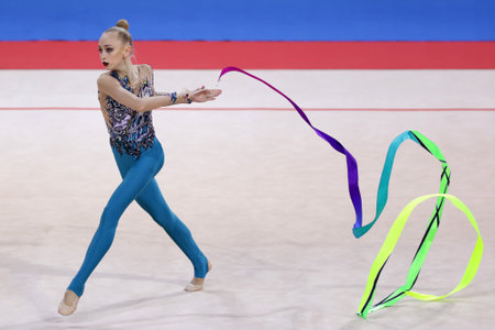 Sofia, Bulgaria - 27 March, 2021:Viktoriia Onoprienko of Ukraine performs during the individual Ribbon qualifications at the 2021 Rhythmic Gymnastics "Sofia World Cup".のeditorial素材