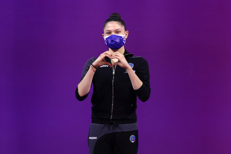 Sofia, Bulgaria - 27 March, 2021: Milena Baldassarri of Italy attends on the podium at the 2021 Rhythmic Gymnastics "Sofia World Cup".のeditorial素材