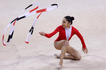 Sofia, Bulgaria - 27 March, 2021: Arzu Jalilova of Azerbaijan performs during the individual Ribbon qualifications at the 2021 Rhythmic Gymnastics "Sofia World Cup".のeditorial素材