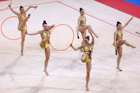 Sofia, Bulgaria - 27 March, 2021: Team Germany perform during the 3 Hoops + 2 pairs of Clubs group qualifications at the 2021 Rhythmic Gymnastics "Sofia World Cup".のeditorial素材