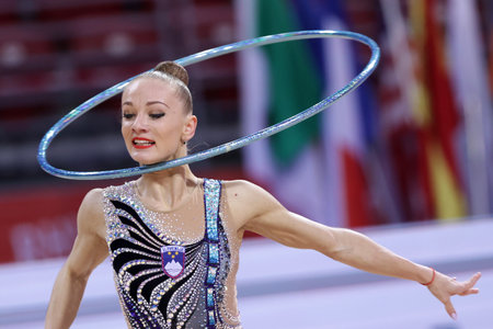 Sofia, Bulgaria - 27 March, 2021: Ekaterina Vedeneeva of Slovenia performs during the individual Hoop final at the 2021 Rhythmic Gymnastics "Sofia World Cup".のeditorial素材