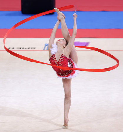 Sofia, Bulgaria - 27 March, 2021: Chisaki Oiwa of Japan performs during the individual Ribbon qualifications at the 2021 Rhythmic Gymnastics "Sofia World Cup".のeditorial素材