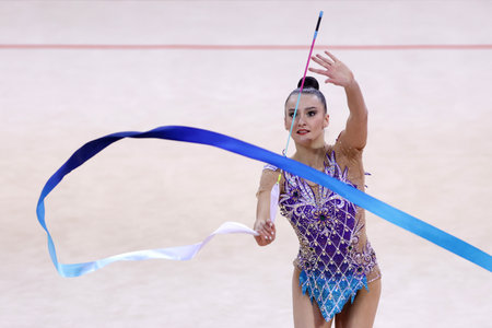 Sofia, Bulgaria - 27 March, 2021: Alina Harnasko of Belarus performs during the individual Ribbon qualifications at the 2021 Rhythmic Gymnastics "Sofia World Cup".のeditorial素材