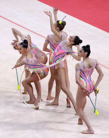 Sofia, Bulgaria - 27 March, 2021: Team Spain perform during the 3 Hoops + 2 pairs of Clubs group qualifications at the 2021 Rhythmic Gymnastics "Sofia World Cup".のeditorial素材