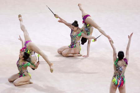 Sofia, Bulgaria - 27 March, 2021: Team Turkey perform during the 3 Hoops + 2 pairs of Clubs group qualifications at the 2021 Rhythmic Gymnastics "Sofia World Cup".のeditorial素材