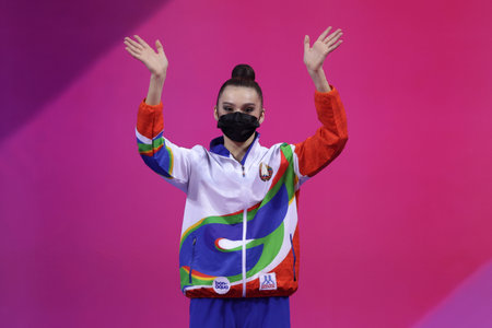 Sofia, Bulgaria - 27 March, 2021: Alina Harnasko of Belarus attends on the podium at Individual Award Ceremony for All-Around at the 2021 Rhythmic Gymnastics "Sofia World Cup".のeditorial素材