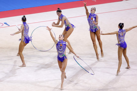 Sofia, Bulgaria - 27 March, 2021: Team Russia perform during the 3 Hoops + 2 pairs of Clubs group qualifications at the 2021 Rhythmic Gymnastics "Sofia World Cup".のeditorial素材