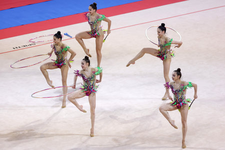 Sofia, Bulgaria - 27 March, 2021: Team Turkey perform during the 3 Hoops + 2 pairs of Clubs group qualifications at the 2021 Rhythmic Gymnastics "Sofia World Cup".のeditorial素材